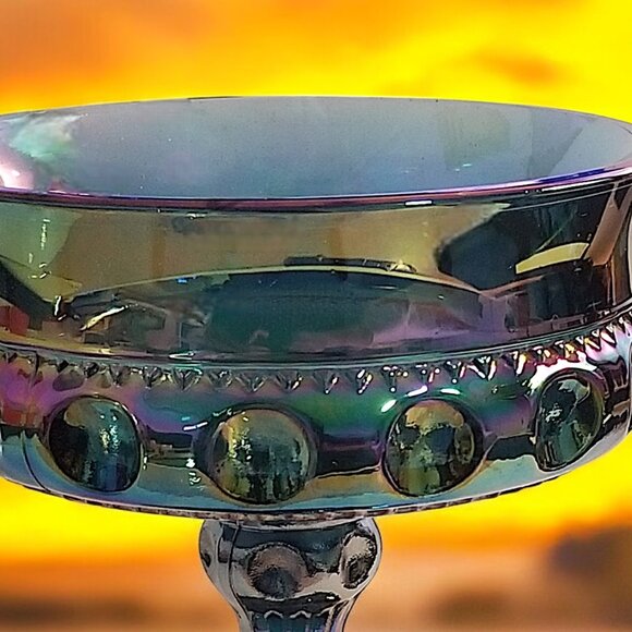 Iridescent Blue Carnival Glass Compote Dish by Indiana Kings Crown Thumbprint - Picture 8 of 11